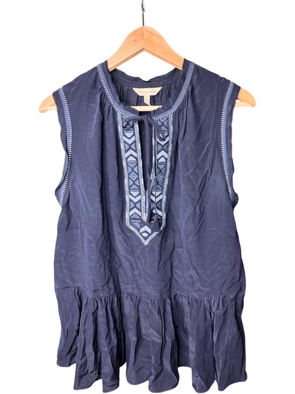 Rebecca Taylor Navy 100% Silk Embroidered Sleeveless Peplum Blouse Top 4